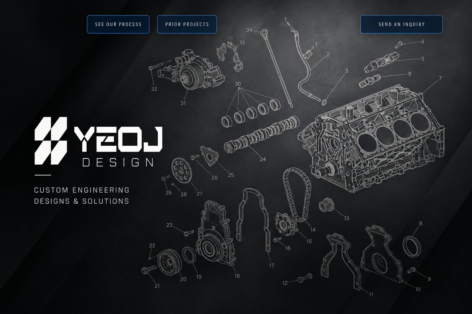 YEOJ Design homepage with exploded engine drawing